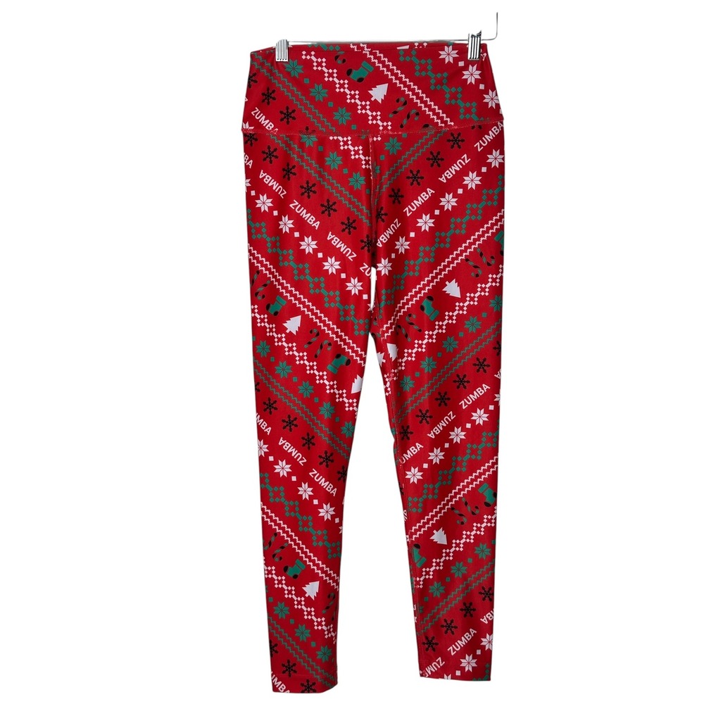 Zumba Leggings Medium Red Holiday Fair Isle Christmas Festive Athletic Tights